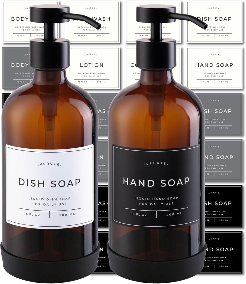 Verute Hand and Dish Soap Dispenser for Kitchen and Bathroom, Set of 2 16 Oz Glass Bottles, Stainless Steel Pumps, Non-Slip Silicone Base, 27 Waterproof Labels (Amber Bottle/Black Pump) - Image 1